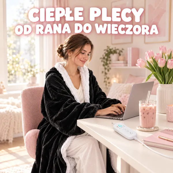 Dziewczyna w czarnej Otulce pracuje przy laptopie