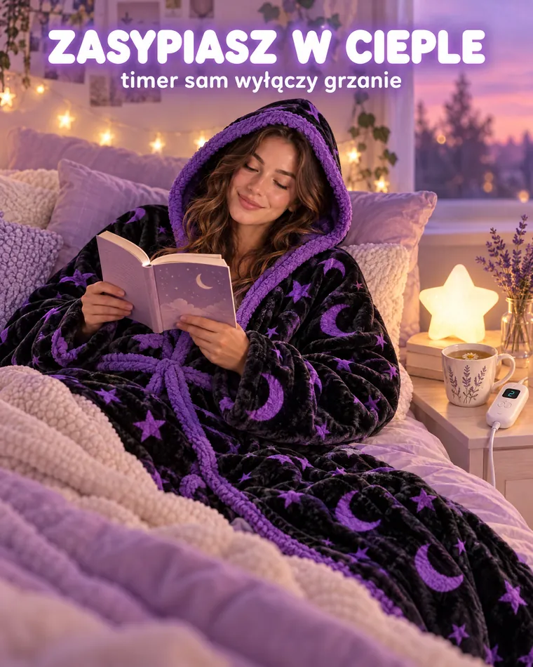 Dziewczyna czyta w łóżku w Otulce we wzór Gwiezdna Czerń