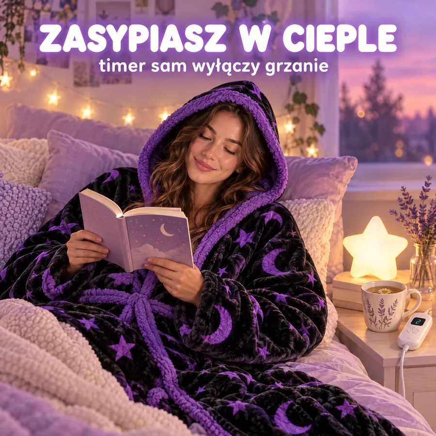 Zasypiasz w cieple, timer sam wyłączy grzanie. Dziewczyna czyta w łóżku